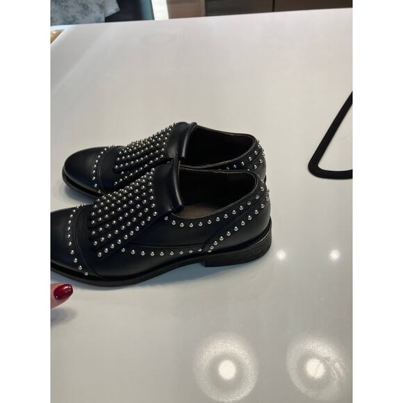 BOEMOS Black Silver Leather Studded Fringe Wingtip Slip On Loafers Size 36 - Picture 11 of 13